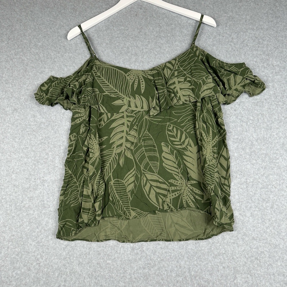 Old Navy Off The Shoulder Blouse Womens XL Green Leaf Tropical Ruffled Sleeve - Picture 8 of 9
